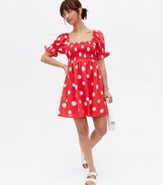 New Look Red Spot Shirred Square Neck Mini Dress